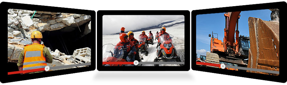 Screens showing videos of Rescue, Expedition and Construction